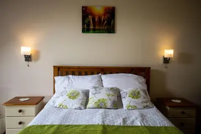 a bedroom with a bed with two night stands and two lamps at Pentre Fawr in Llanddewi Ystradenny