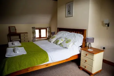 a bedroom with a large bed with a green blanket at Pentre Fawr in Llanddewi Ystradenny