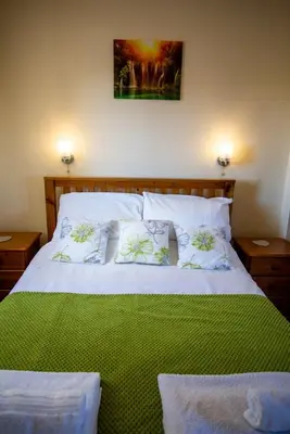 a bedroom with a large bed with green sheets and pillows at Pentre Fach in Llanddewi Ystradenny
