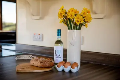 a bottle of wine and eggs and a vase with flowers at Pentre Fach in Llanddewi Ystradenny