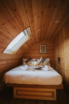 a bedroom with a large bed with a skylight at Bluebell in Rhayader