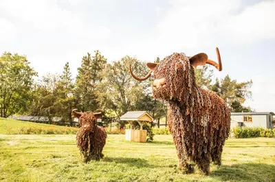 two statues of cows standing in a field at Bluebell in Rhayader