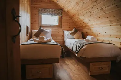 a bedroom with two beds in a log cabin at Bluebell in Rhayader