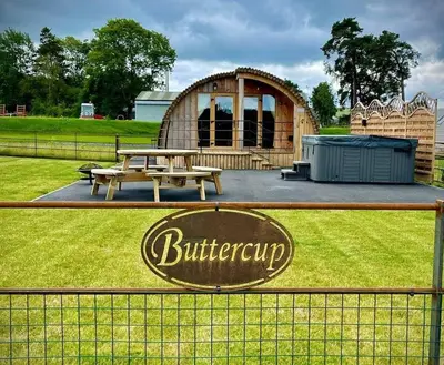 a building with a picnic table in front of it at Buttercup in Rhayader