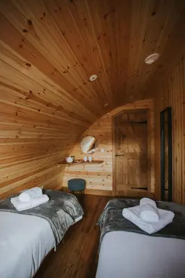 a room with two beds in a log cabin at Buttercup in Rhayader