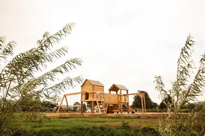a wooden playground in a field with trees at Daffodil in Rhayader