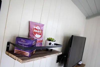 a shelf in a room with books and a tv at Rose in Rhayader