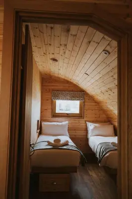 two beds in a room in a log cabin at Snowdrop in Rhayader