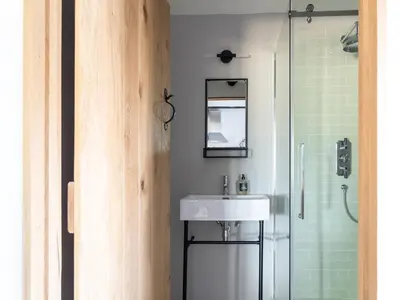 a bathroom with a sink and a shower at Blackrock Barn in Clifford