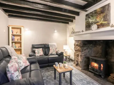 a living room with a couch and a fireplace at Llys Mair in Bala