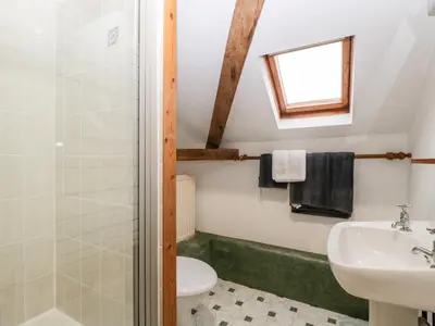 a bathroom with a shower and a sink and a toilet at Bullfinch Cottage in Leominster