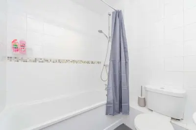 a bathroom with a shower curtain and a toilet at Hereford Road Shrewsbury Cottage in Shrewsbury