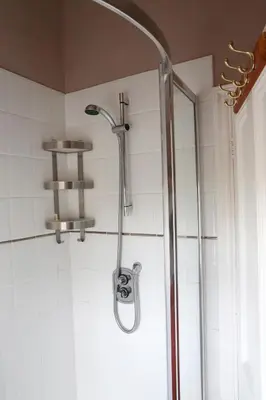 a shower with a shower head in a bathroom at Country Mansion - Private Annexe in Llanwrda