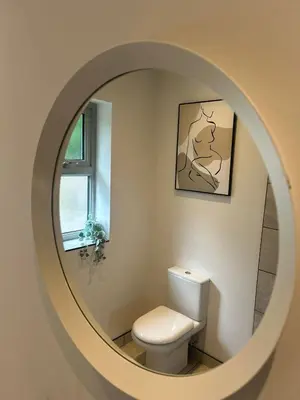 a bathroom with a white toilet and a mirror at BROOK HOUSE 4a in Llangollen