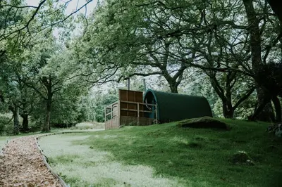 a green building on a grassy hill with trees at Willow Cabin & Hot Tub in Barmouth