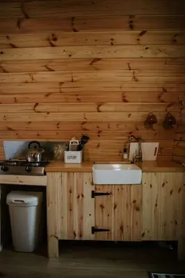 a bathroom with a sink and a toilet and wooden walls at Willow Cabin & Hot Tub in Barmouth