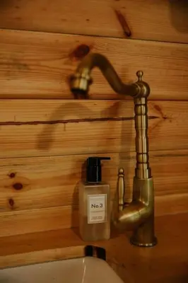 a bathroom sink with a faucet and a bottle of soap at Oak SPECIAL WINTER OFFERS - Hot tub in Barmouth