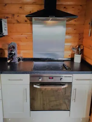 a stove top oven in a kitchen with wooden walls at Snowdonia Escapes # TRANQUIL CABIN with Views, Wi-Fi, Dog Friendly & Parking in Trawsfynydd