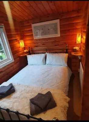 a bedroom with a bed in a wooden cabin at Snowdonia Escapes # TRANQUIL CABIN with Views, Wi-Fi, Dog Friendly & Parking in Trawsfynydd