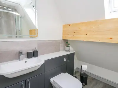 a bathroom with a white sink and a toilet at Elan Valley Welsh - The Sheepfold in Llandrindod Wells