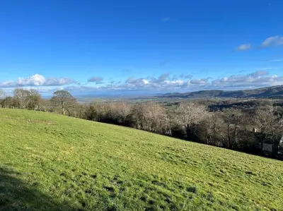 a green field with trees in the distance at Ramblers retreat in Shrewsbury
