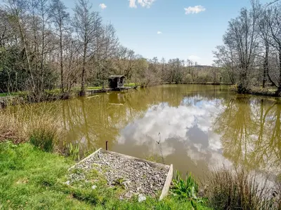 a river with a boat in the middle of it at Tynrhos Lake View in Cilcennin