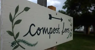 a sign with the word compost written on it at Fred's Yurts at Hay Festival in Hay-on-Wye