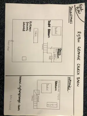 a drawing of a floor plan for a house at ryton grange church barn sleeps 5 in Shrewsbury