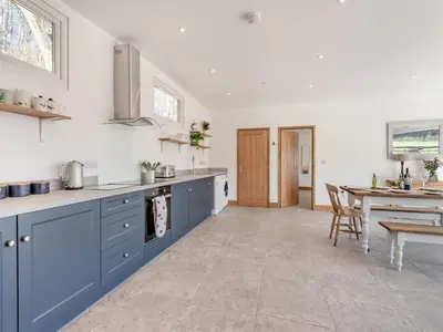 a large kitchen with blue cabinets and a table at Larchwood Lodge in Old Radnor