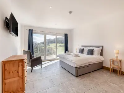 a bedroom with a bed and a tv and a chair at Larchwood Lodge in Old Radnor