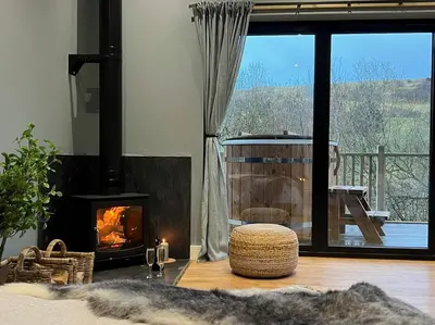 a living room with a fireplace in front of a window at Luxury Lodge In The Treetops in Llanbrynmair