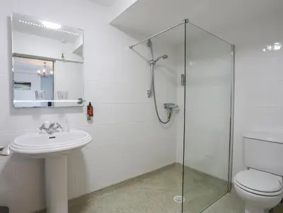 a bathroom with a toilet and a sink and a shower at Tegid Lakeside - Bala Lake in Bala