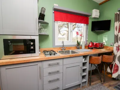 a kitchen with a sink and a microwave at Wild Acre in Llangadog