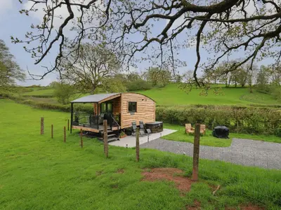 a small cabin in a grassy field next to a road at Wild Acre in Llangadog