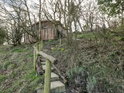 an old wooden building on top of a hill with stairs at Tree House in Aberaeron