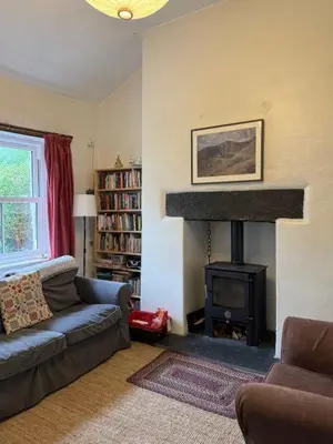a living room with a couch and a fireplace at Robert's Cottage in Abergynolwyn
