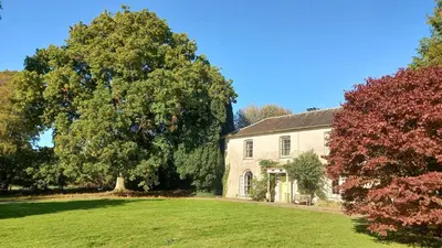a large stone house with a tree in the yard at Gelly Dylan Thomas Paradise in Lampeter