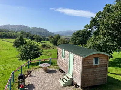 a tiny house in a field with a fire pit at Shepherds hut Lowri in Dolgellau