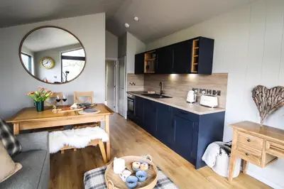 a kitchen with blue cabinets and a baby in a bowl at Fawns Rest in Nantmel