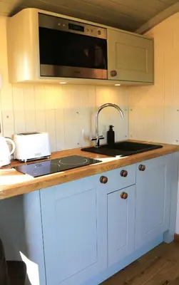 a kitchen with a sink and a microwave at Mayflower in Rhayader
