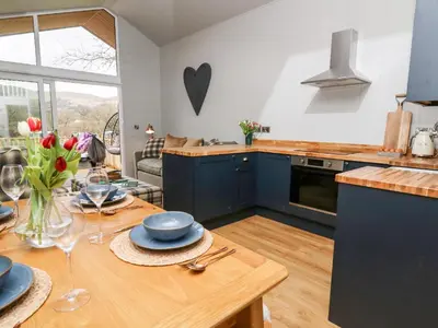 a kitchen with blue cabinets and a wooden table at Doe Lodge in Rhayader
