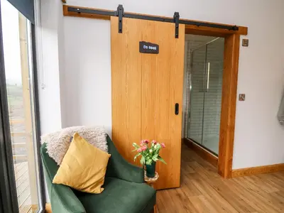 a green chair with a vase of flowers in front of a door at Tin Shed in Rhayader