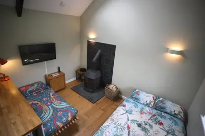 a living room with a couch and a fireplace at Tranquil 1 bedroom cottage 15 mins drive to sea in Mydroilin