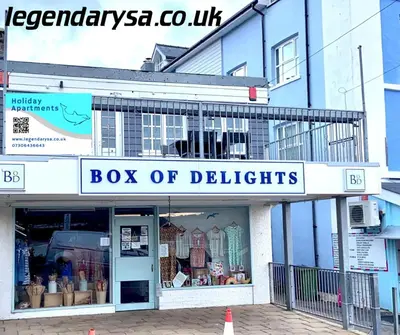 a box of delights store on a city street at Harbour Lights Apartment New Quay in New Quay