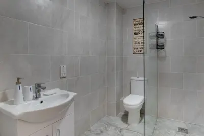 a bathroom with a toilet and a sink and a shower at 1 Bed in Aberystwyth oc-bow182 in Rhostie