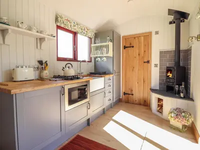 a kitchen with white cabinets and a wood stove at Balwen Shepherd's Hut in Montgomery