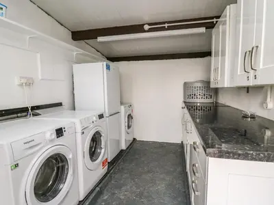 a white laundry room with a washer and dryer at Gwynant in Ystrad Meurig